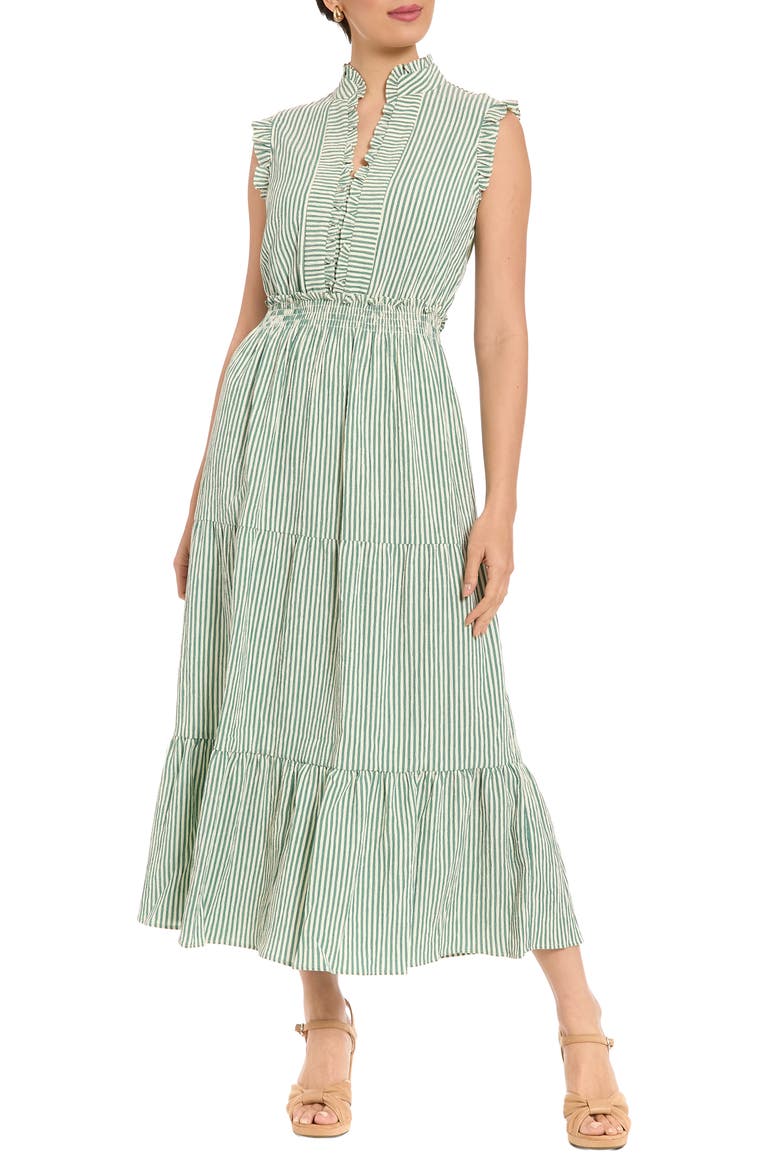 Stripe Ruffle Neck Sleeveless Tiered Maxi Dress, Main, color, AVENTURINE