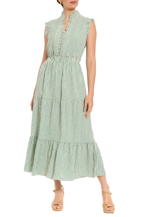 Stripe Ruffle Neck Sleeveless Tiered Maxi Dress (Petite)
