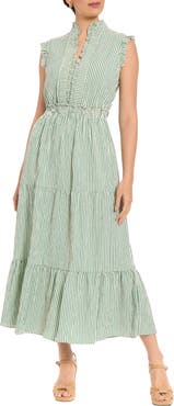 London Times Stripe Ruffle Neck Sleeveless Tiered Maxi Dress