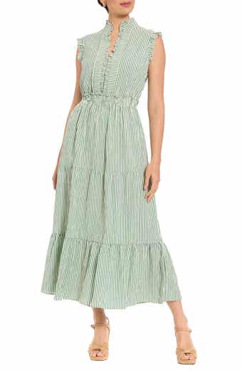 London Times Stripe Ruffle Neck Sleeveless Tiered Maxi Dress