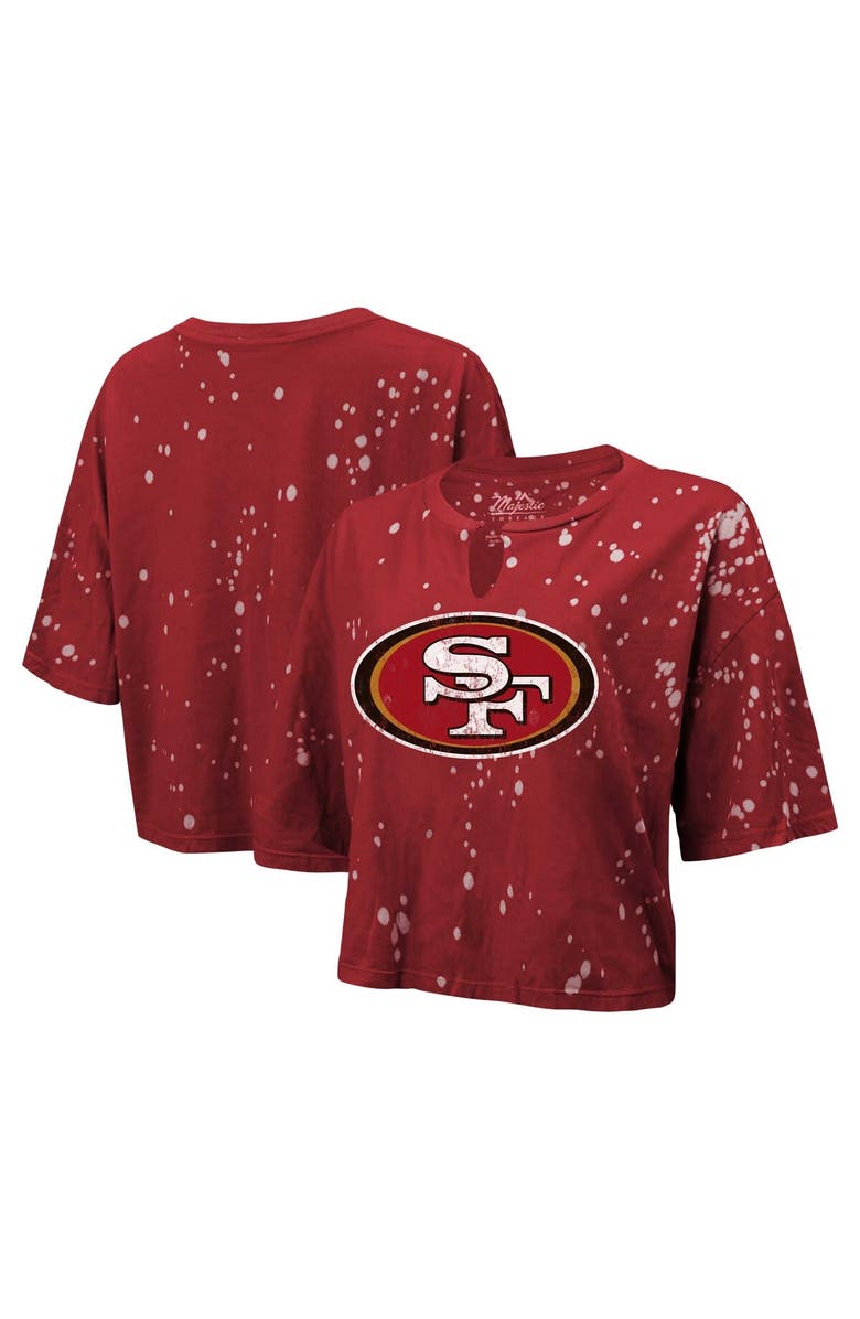 Majestic Threads Women's Majestic Threads Scarlet San Francisco 49ers Bleach Splatter Notch Neck Crop T-Shirt, Alternate, color, 