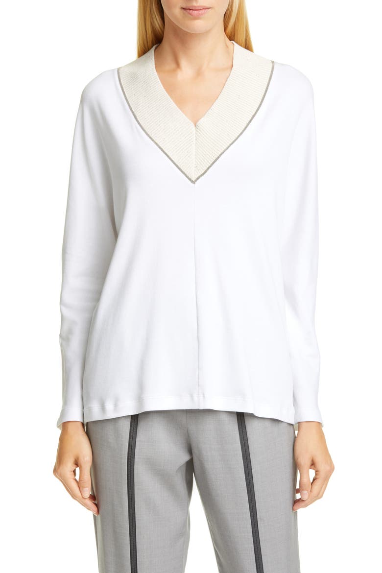 Bead Trim V-Neck Cotton Blend Sweater, Main, color, WHITE
