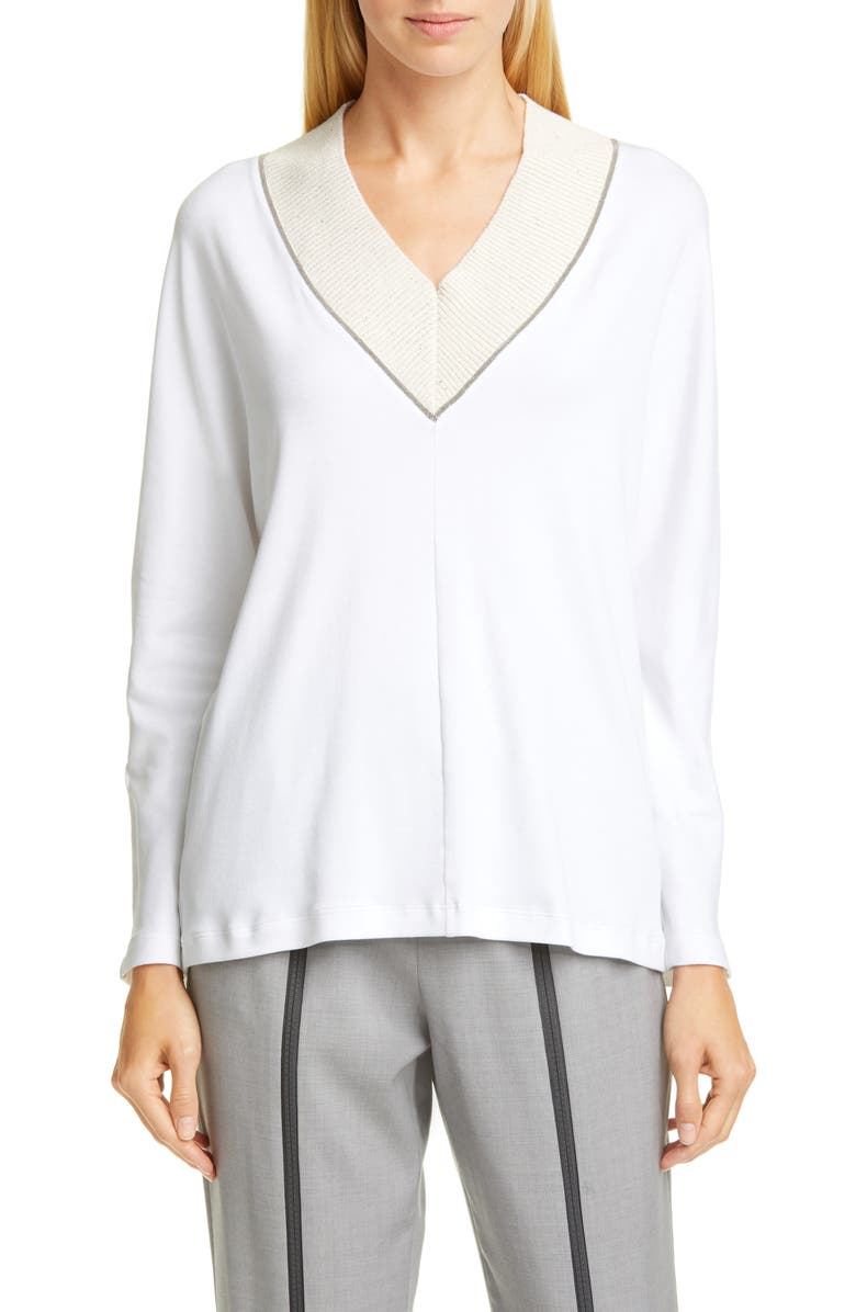 Fabiana Filippi Bead Trim V-Neck Cotton Blend Sweater, Main, color,
