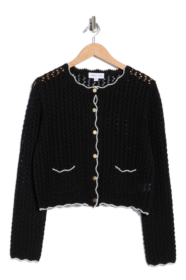 Scallop Edge Open Stitch Cardigan, Alternate, color, BLACK/ IVORY