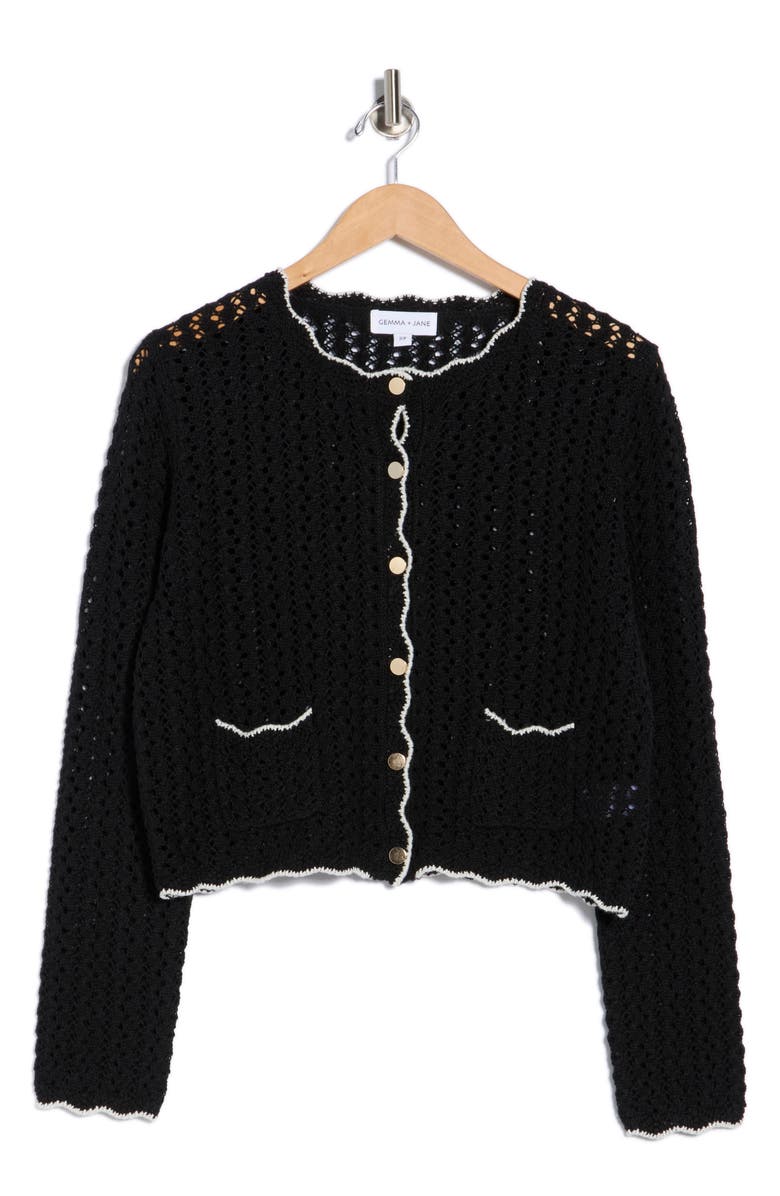 Gemma + Jane Scallop Edge Open Stitch Cardigan, Alternate, color, Black/ Ivory