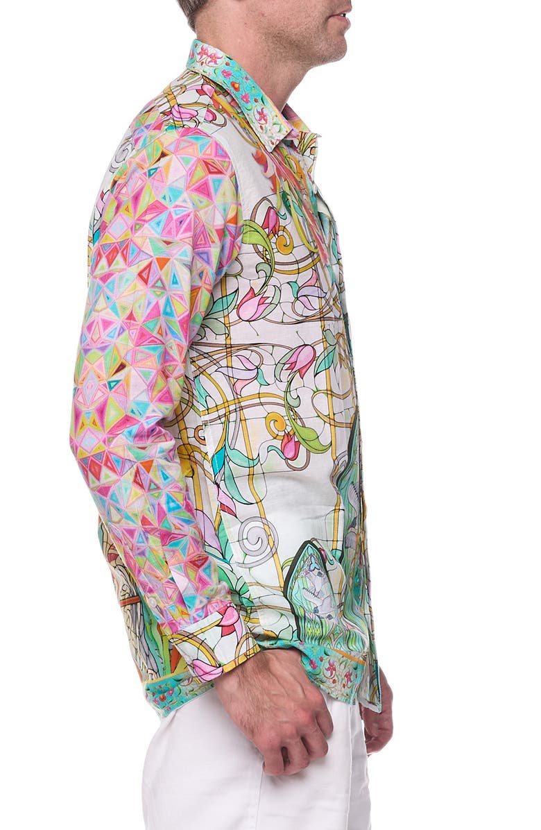 RANEES Stained Glass Print Linen & Cotton Blend Button-Up Shirt, Alternate, color,