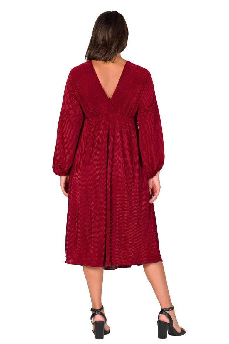 Shimmer Pleated V-neck Empire Waist Bishop Sleeve Midi Dress, Alternate, color, Wine