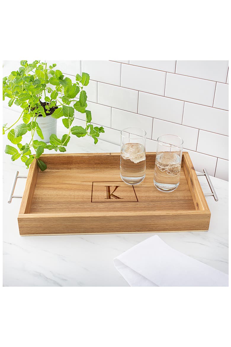 Monogram Acacia Tray with Metal Handles, Alternate, color, P