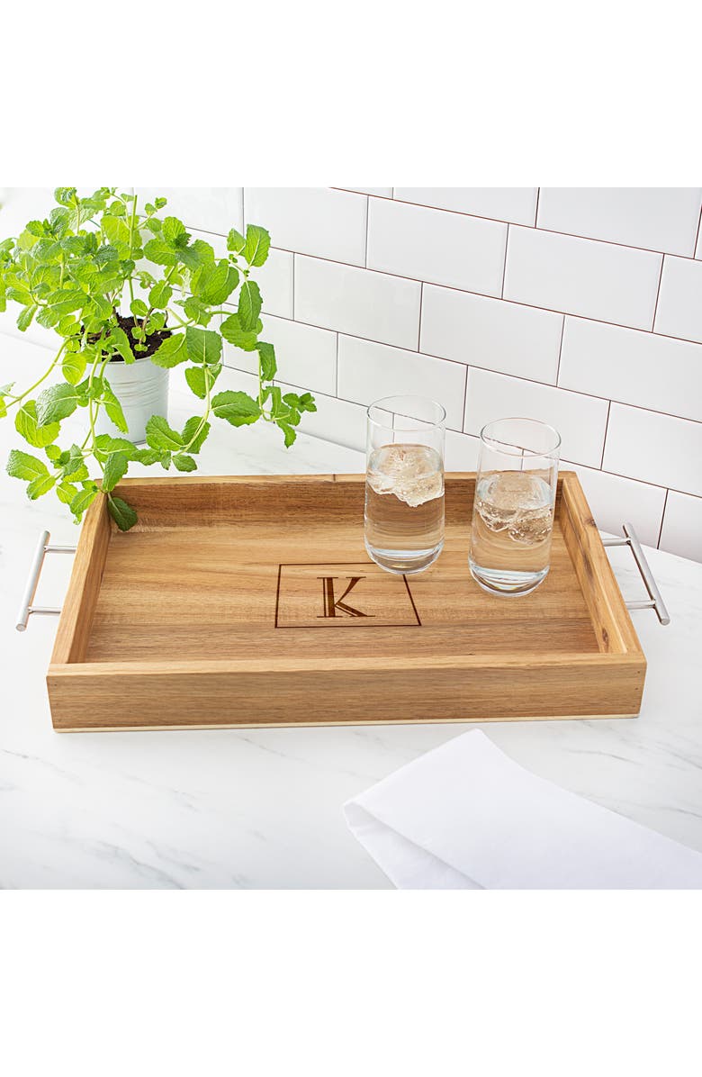 Cathy's Concepts Monogram Acacia Tray with Metal Handles, Alternate, color,