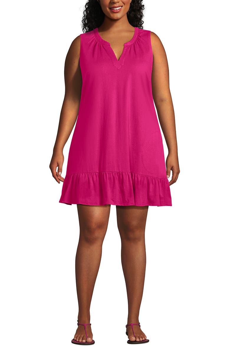 Lands' End Plus Size Sleeveless Cotton Jersey Notch Neck Flounce Dress, Main, color, Cherry Fuchsia