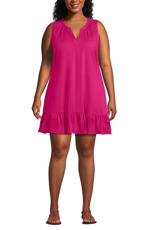 Plus Size Sleeveless Cotton Jersey Notch Neck Flounce Dress
