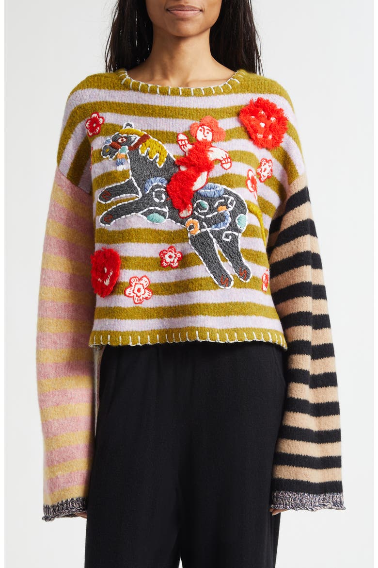 Lunar New Year Horse Embroidered Wool Blend Sweater, Main, color, LILAC/ OLIVE