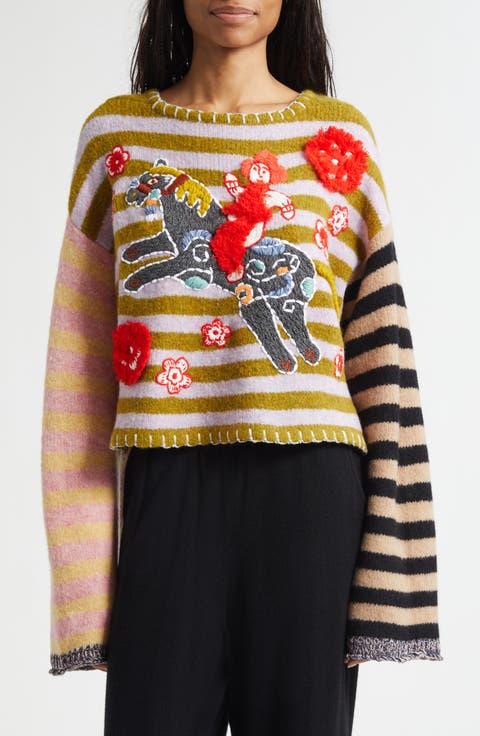 Fuzzy Horse Embroidered Wool Blend Sweater