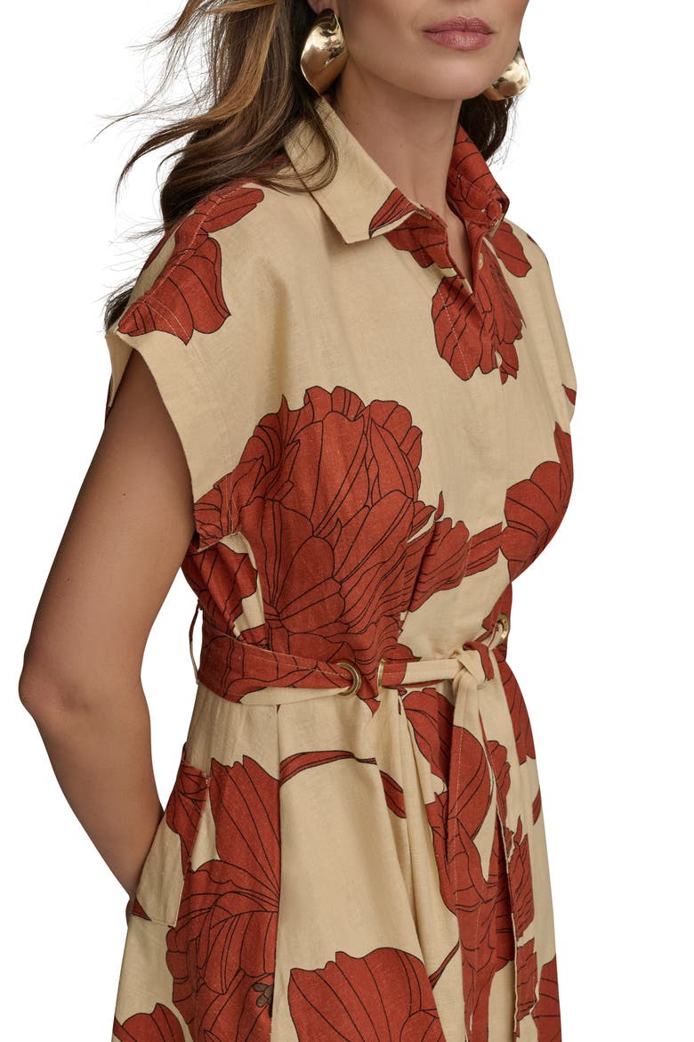 Drawstring Waist Linen Blend Shirtdress, Alternate, color, CINNAMON MULTI