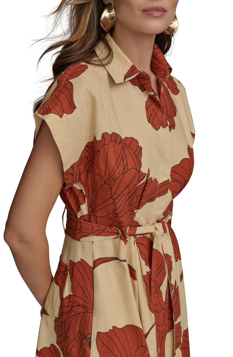 Donna Karan New York Drawstring Waist Linen Blend Shirtdress, Alternate, color, Cinnamon Multi