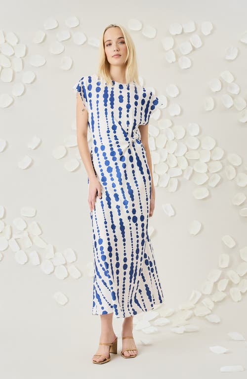 Luxely Inkblot Stripe Cap Sleeve Knot Dress In Ivory/blue Sapphire