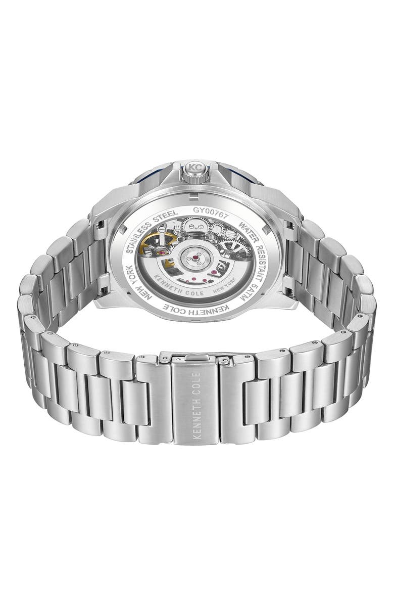 Kenneth Cole New York The Hollis Skeleton Automatic Bracelet Watch, 45mm, Alternate, color, Silver