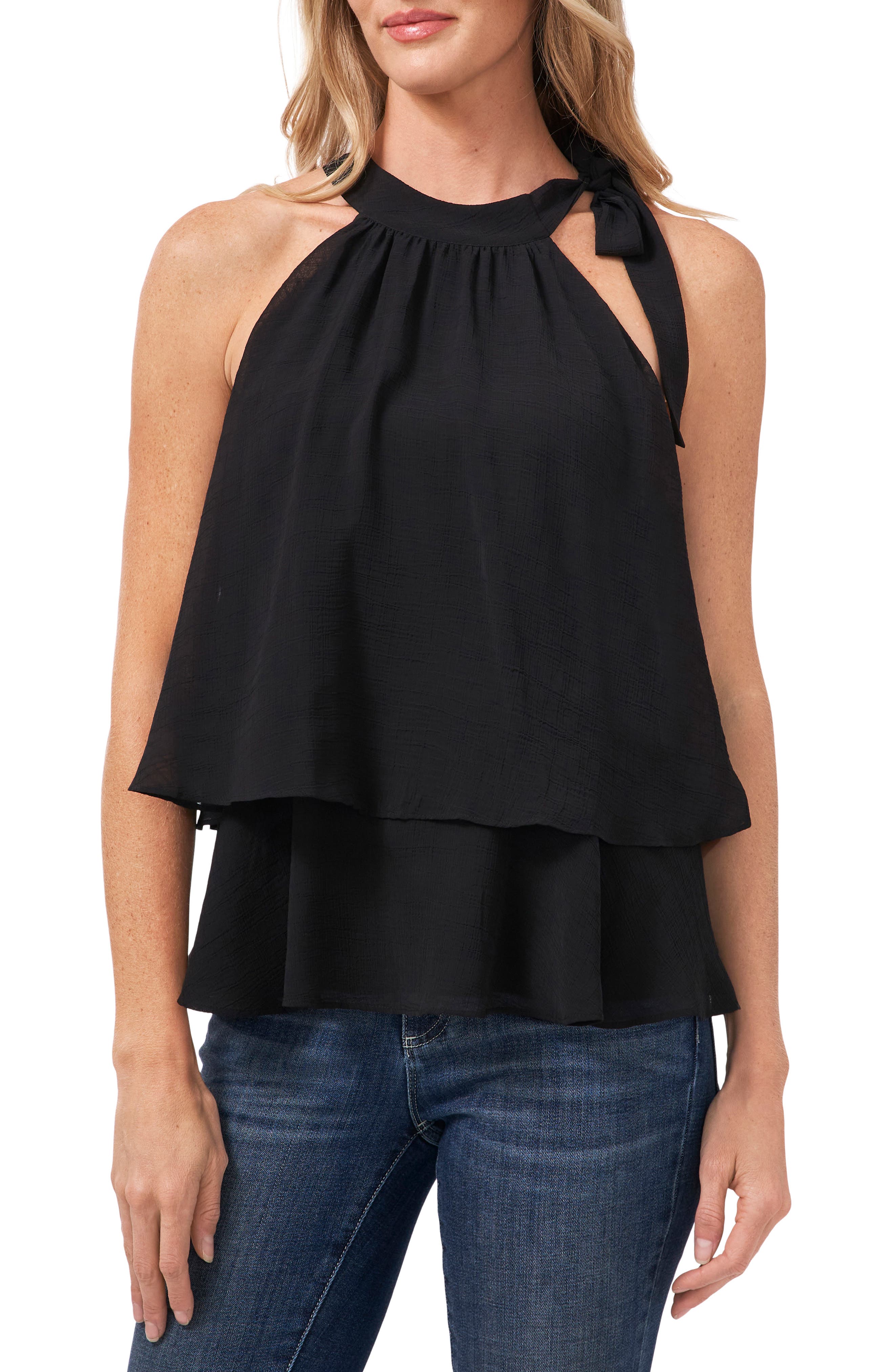 CeCe Shoulder Bow Tiered Ruffle Crinkle Chiffon Blouse