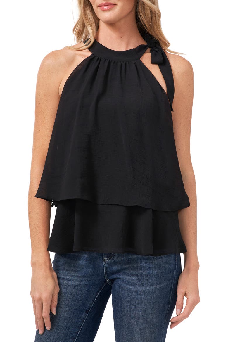Shoulder Bow Tiered Ruffle Crinkle Chiffon Blouse, Main, color, RICH BLACK