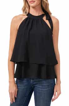CeCe Shoulder Bow Tiered Ruffle Crinkle Chiffon Blouse