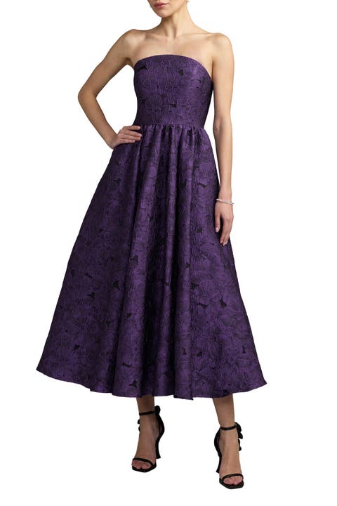 Strapless Brocade A Line Midi Dress With Pockets