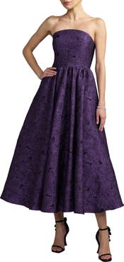 Mac Duggal Strapless Brocade A Line Midi Dress With Pockets