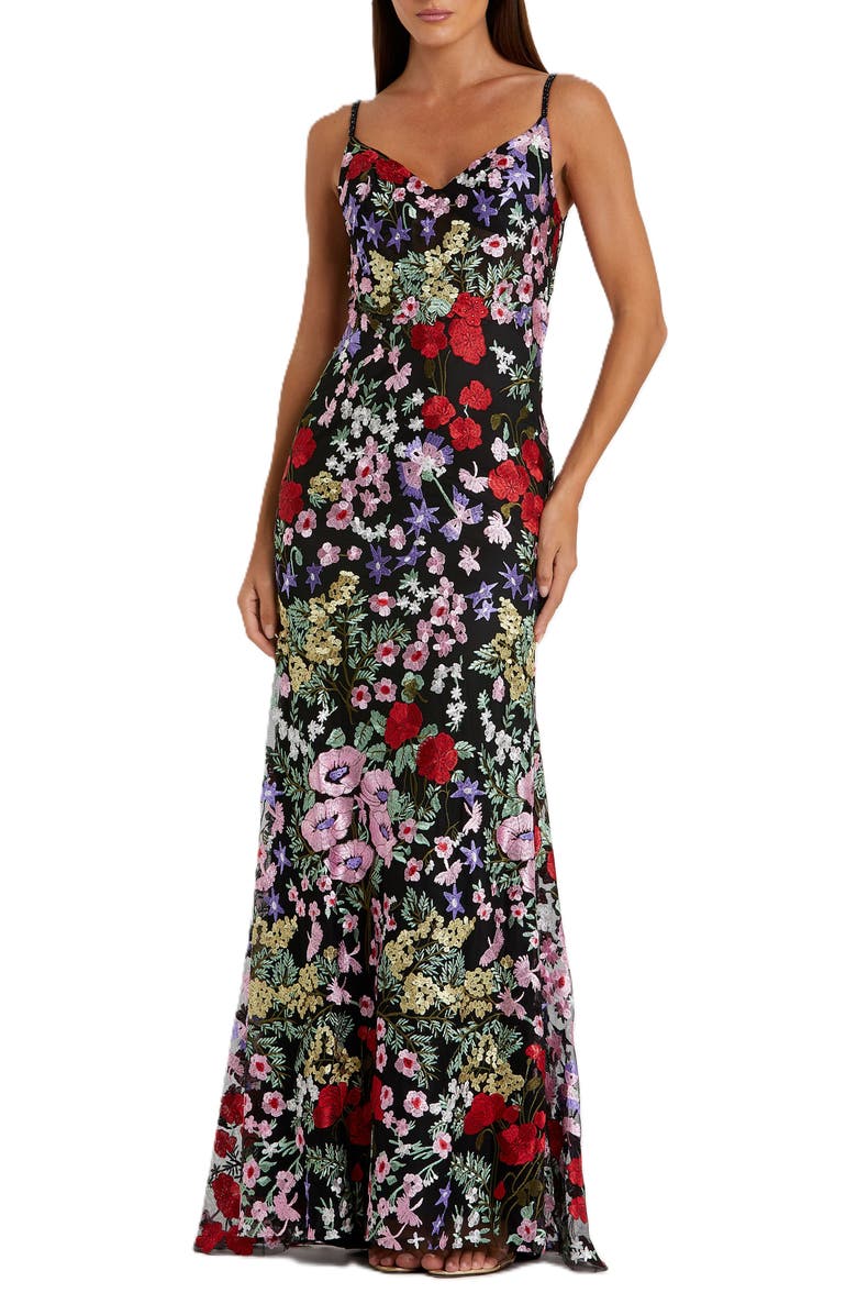Mac Duggal Floral Lace Gown, Main, color, Black Multi