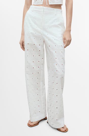 Eyelet Embroidered Wide-Leg Cotton Pants