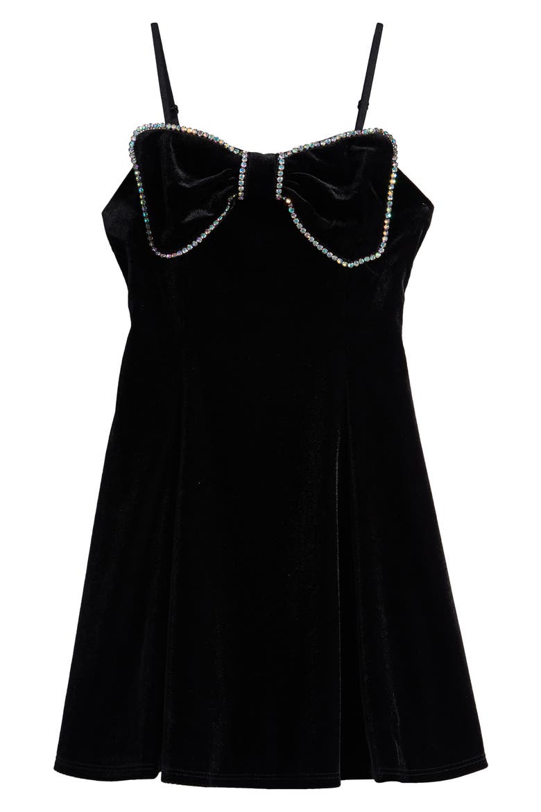 Kids' Crystal Bow Velvet Party Dress, Main, color, BLACK