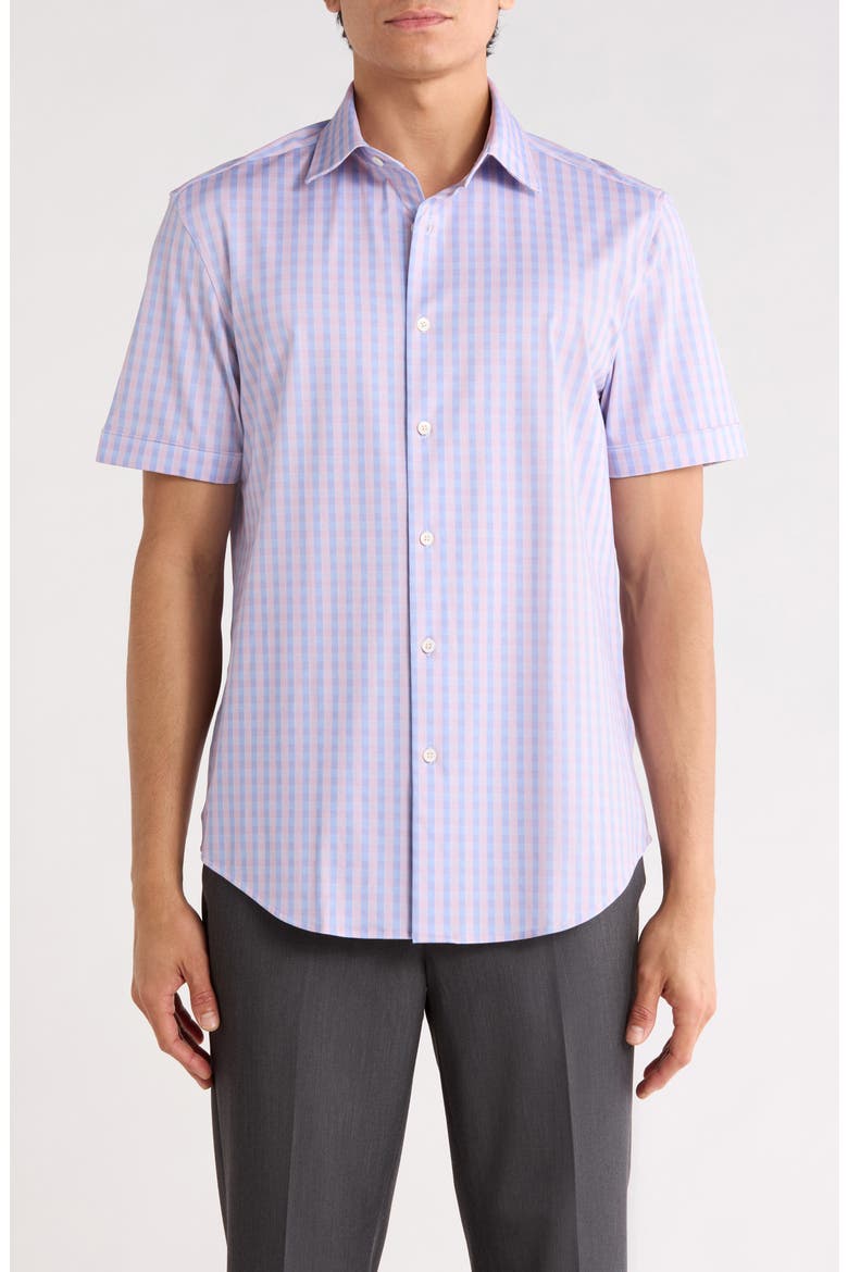 Plaid Stretch Cotton Short Sleeve Button-Up Shirt, Main, color, DUSTY PINK