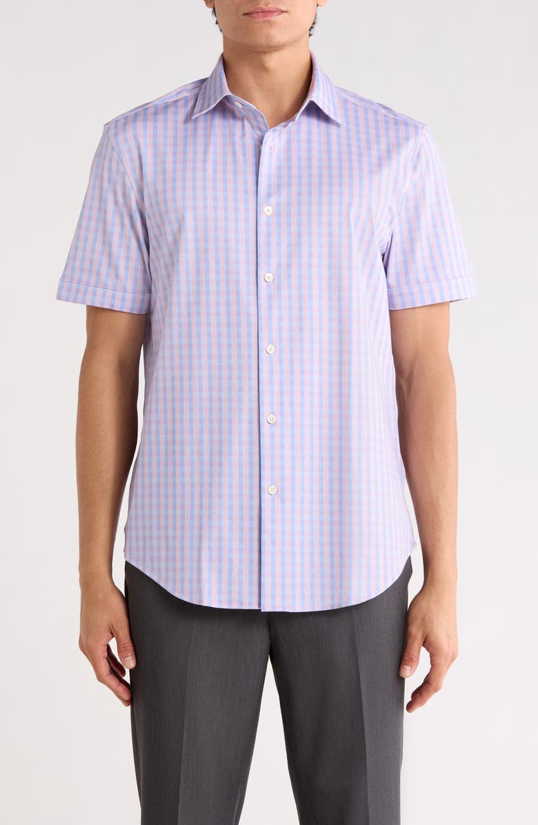 Bugatchi Plaid Stretch Cotton Short Sleeve Button-Up Shirt, Main, color, Dusty Pink
