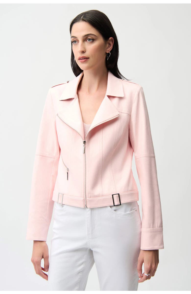 JOSEPH RIBKOFF Foiled Faux Suede Fitted Jacket with Decorative Buckles, Main, color, Petal Pink