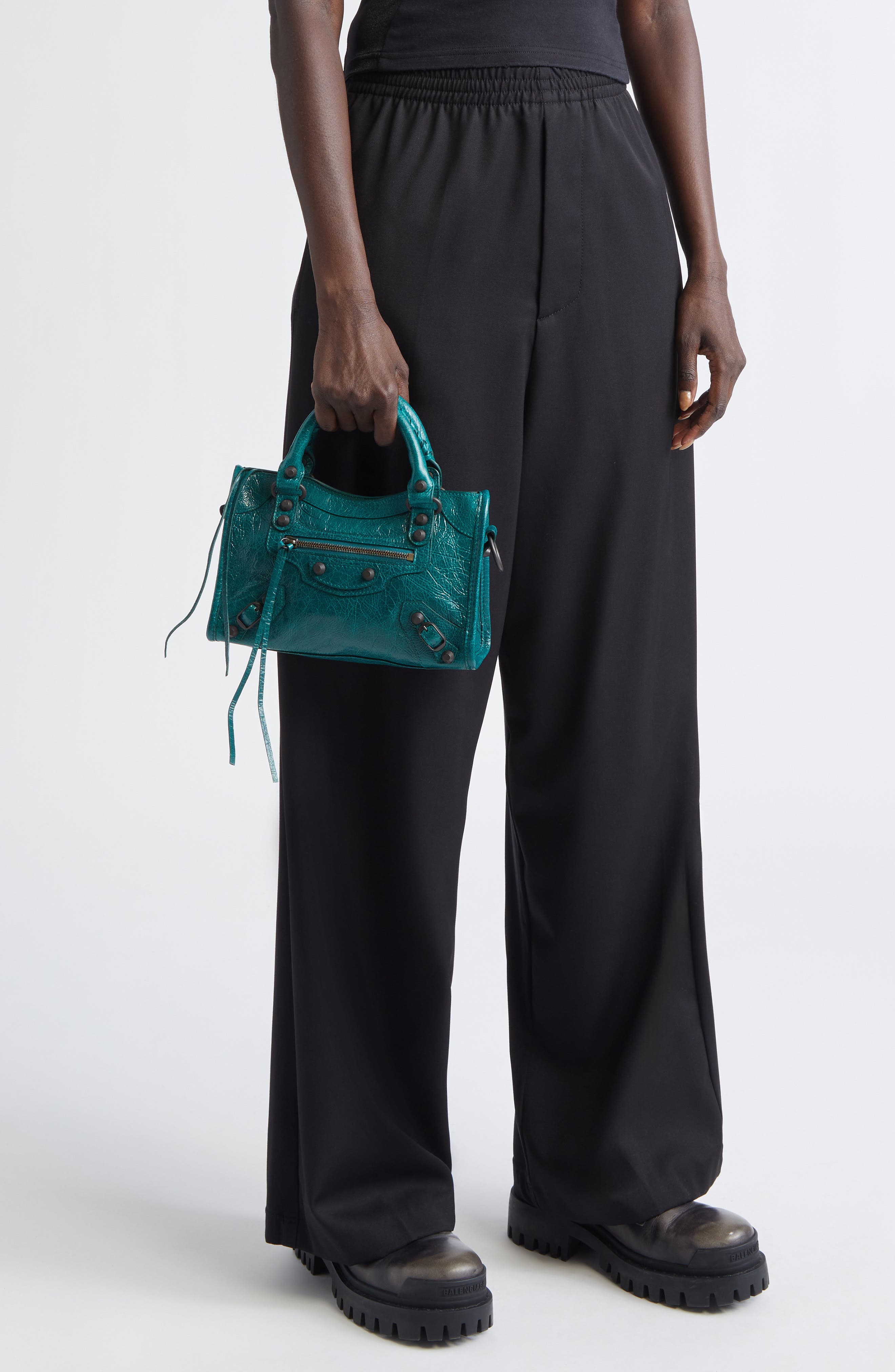 Balenciaga Mini Le City Crinkle Leather Top Handle Bag, Alternate, color, 3108 Dark Emerald