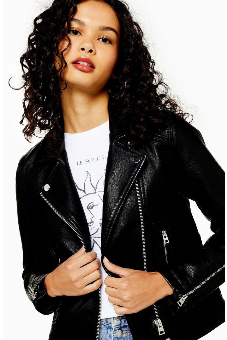 Teddy Faux Leather Biker Jacket, Alternate, color, BLACK