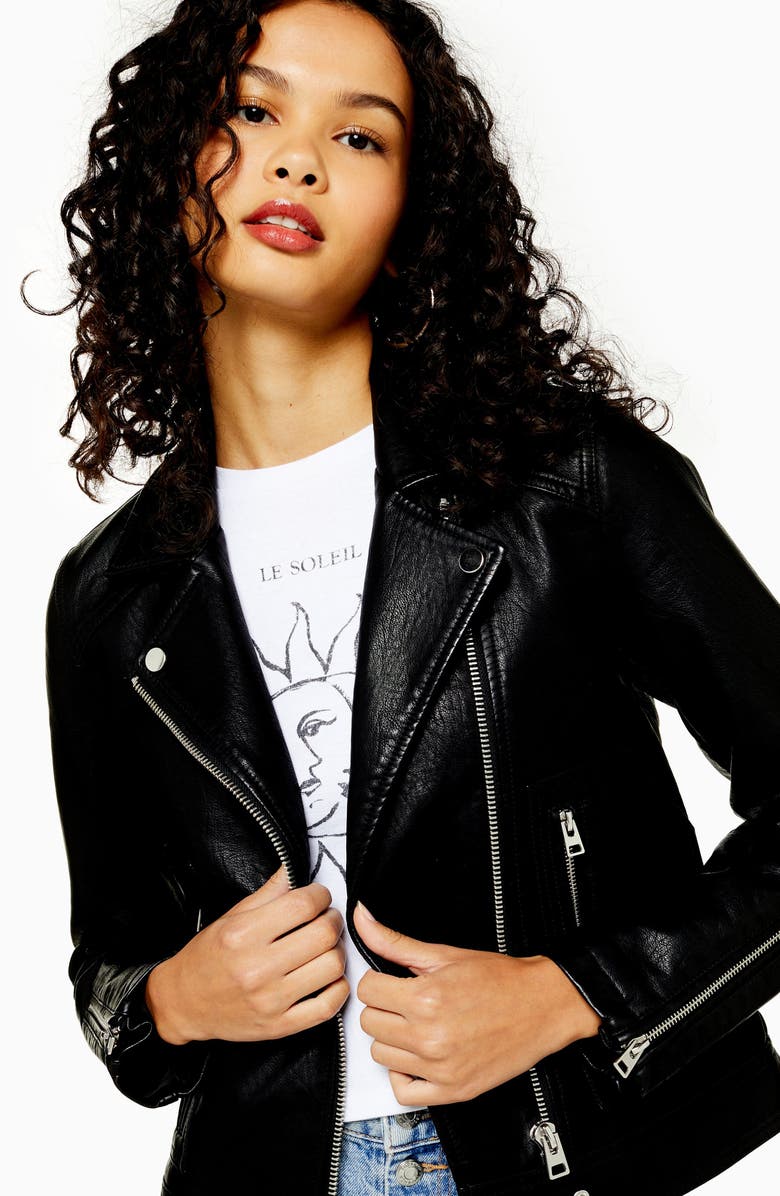 Topshop Teddy Faux Leather Biker Jacket, Alternate, color,