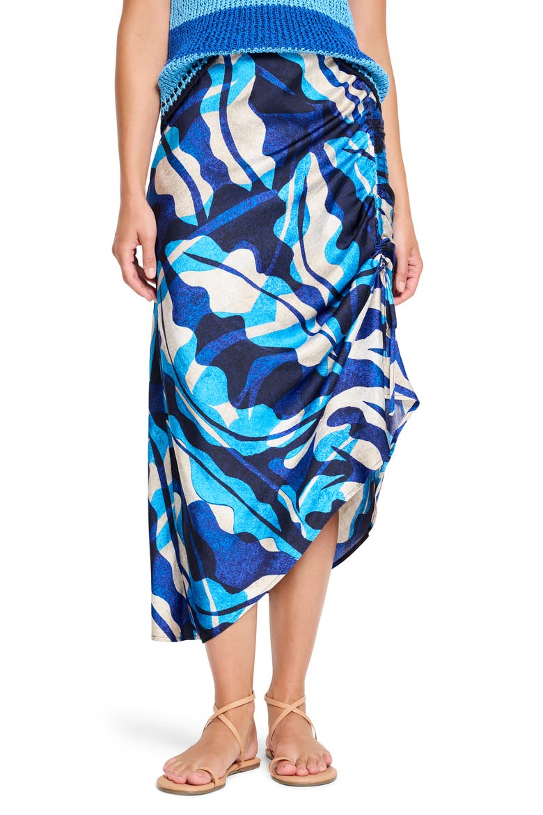Aqua Surf Asymmetric Side Ruched Skirt, Main, color, BLUE MULTI