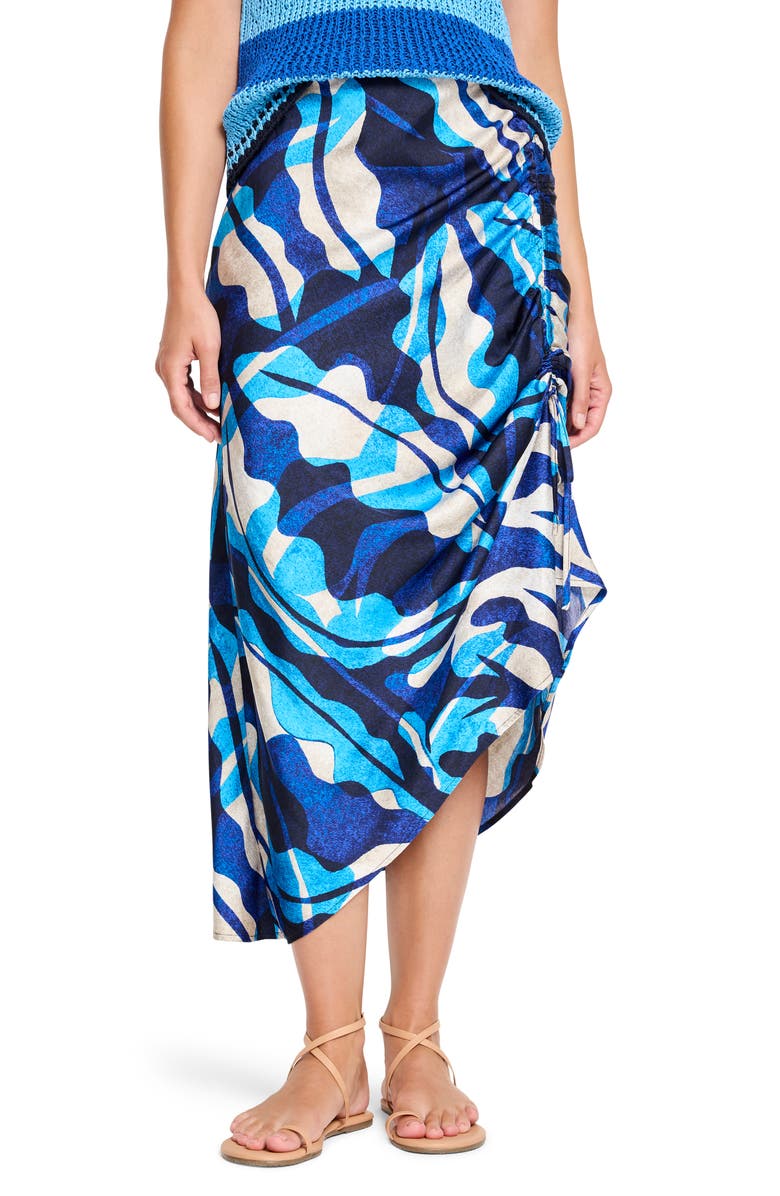 NIC+ZOE Aqua Surf Asymmetric Side Ruched Skirt, Main, color, Blue Multi