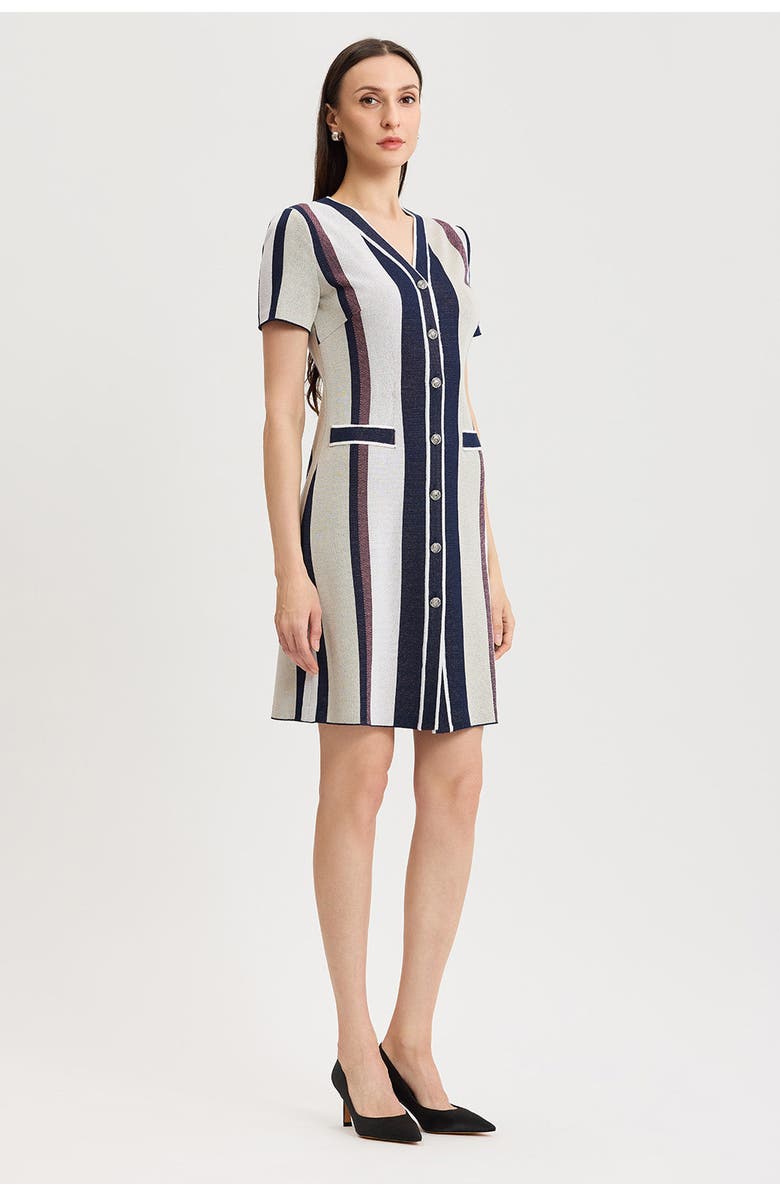 Ming Wang Button-Front Striped Soft Knit Dress, Alternate, color, Plumeria/Indigo