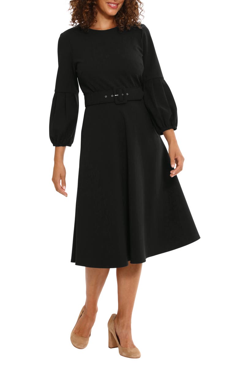 London Times Puff Sleeve Belted Fit & Flare Midi Dress, Alternate, color, 