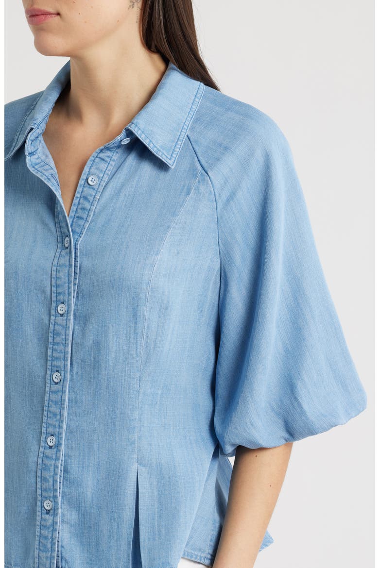 Bubble Sleeve Flare Button-Up Chambray Top, Alternate, color, LIGHT BLUE