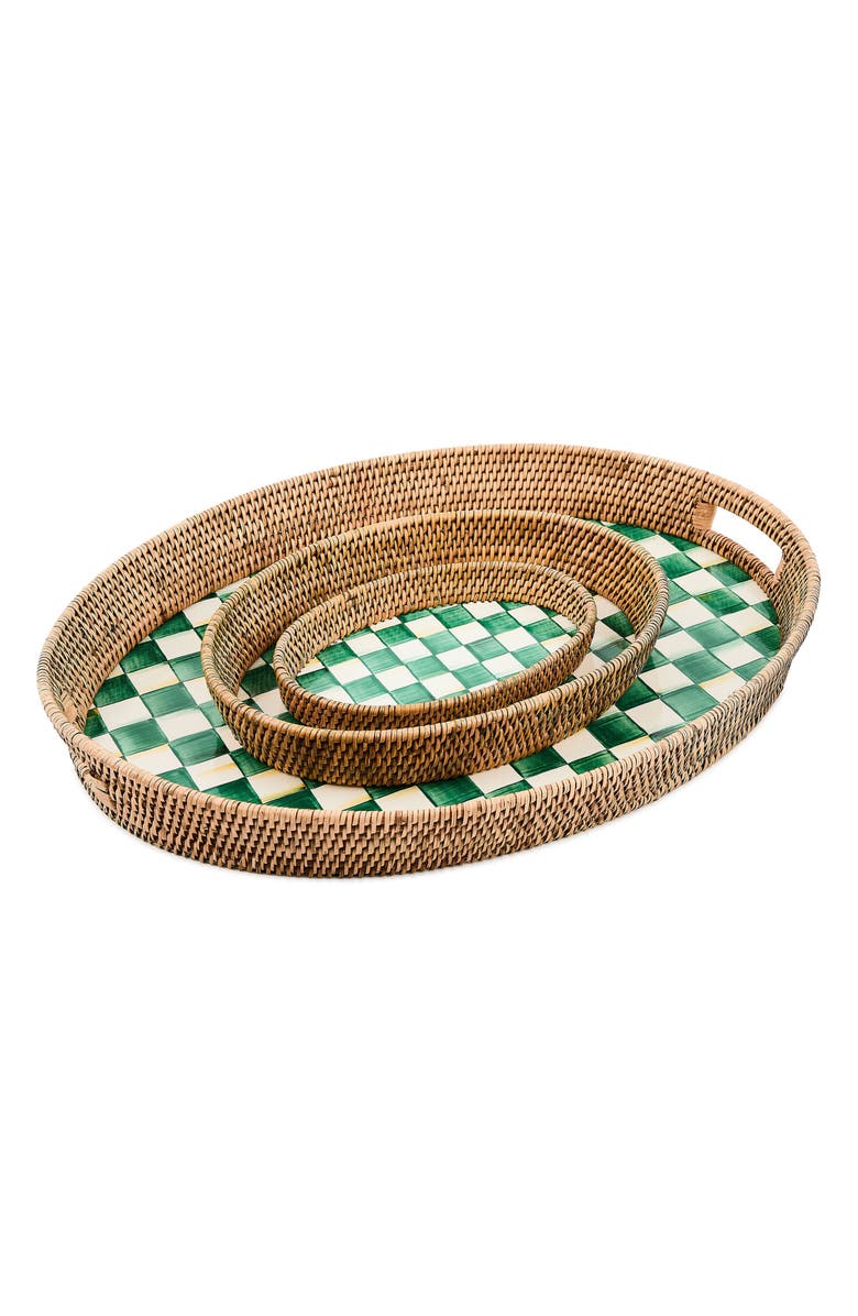 MACKENZIE CHILDS Emerald Check Enamel & Rattan Tray, Alternate, color, Emerald