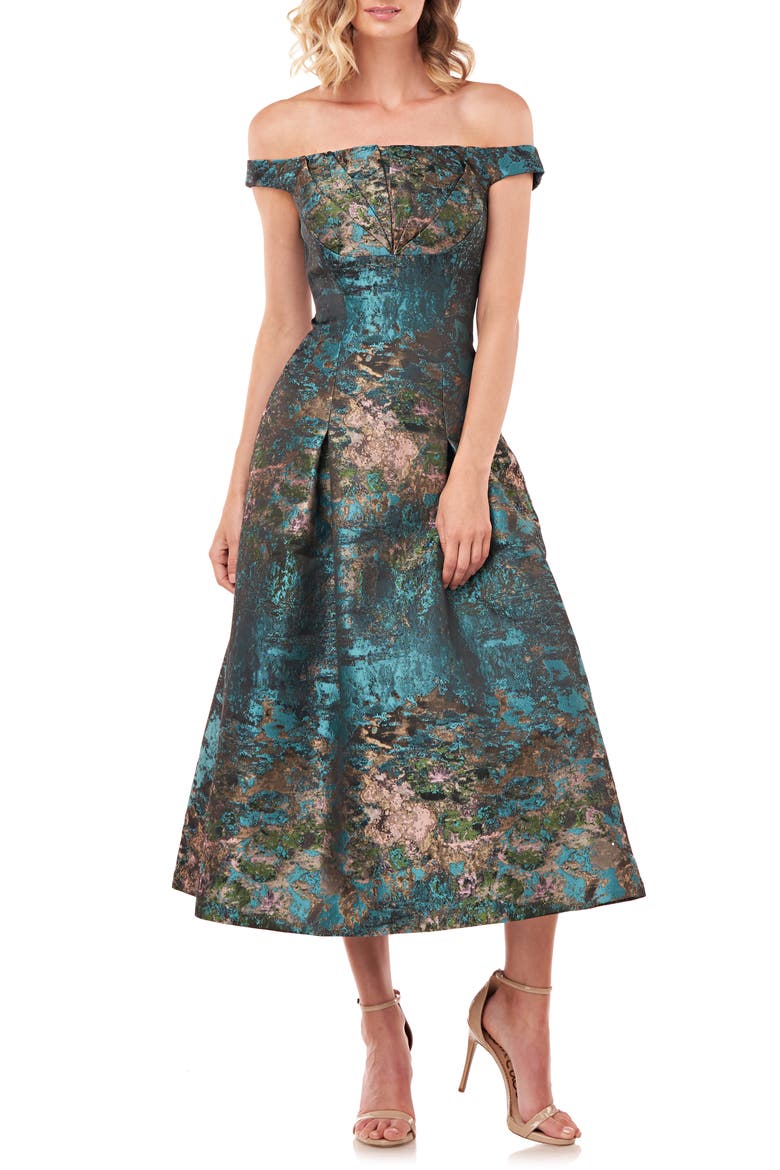 Carina Metallic Jacquard Off the Shoulder Cocktail Dress, Main, color, TEAL MULTI