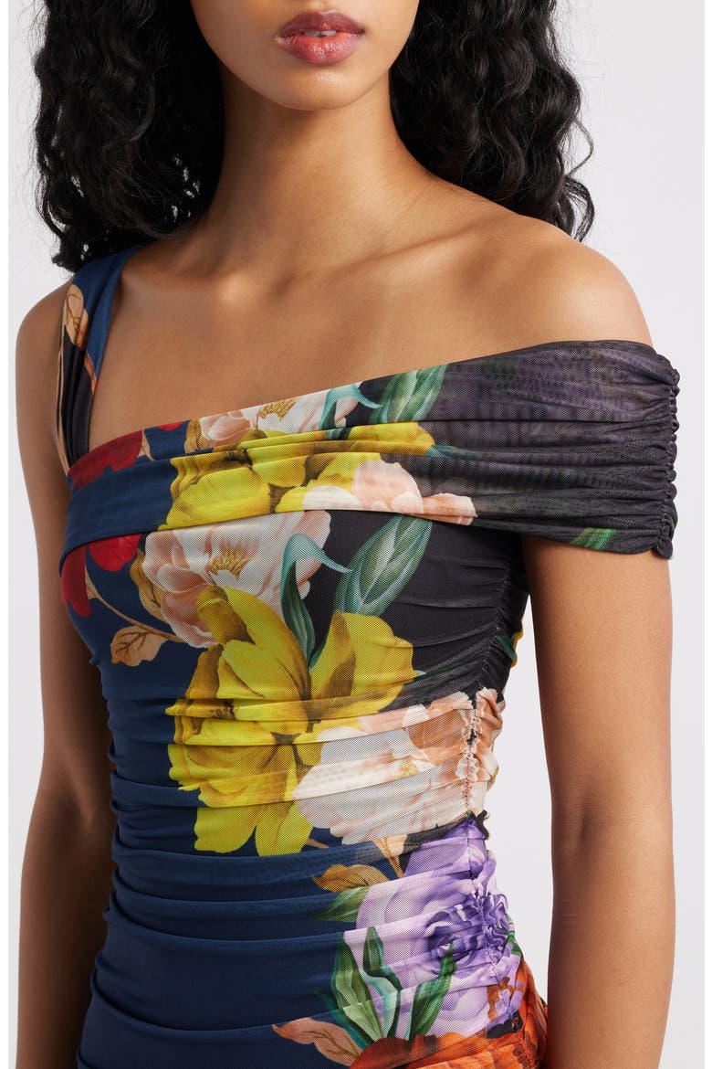 Otto Floral Print Ruched Mesh Minidress, Alternate, color, CITRON BLOCK FLORAL
