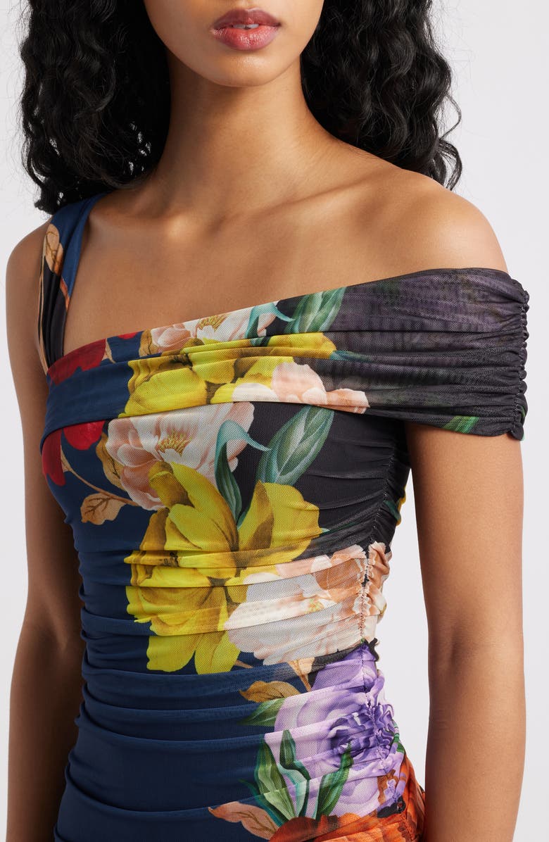 AFRM Otto Floral Print Ruched Mesh Minidress, Alternate, color, Citron Block Floral