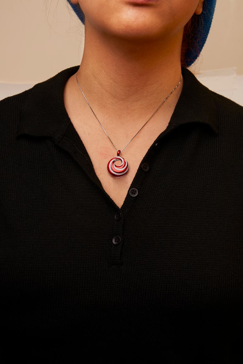 Silver Red Enamel and 1/2 Diamond Swirl Medallion Pendant Necklace, Alternate, color, White