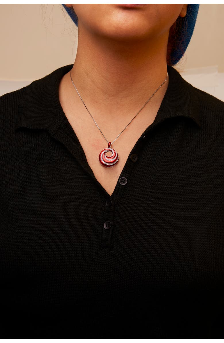 Haus of Brilliance Silver Red Enamel and 1/2 Diamond Swirl Medallion Pendant Necklace, Alternate, color, White