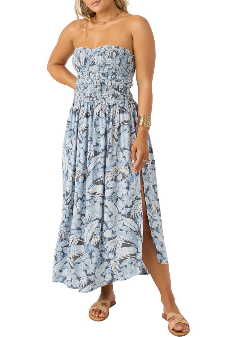 Devyn Floral Smocked Strapless Midi Dress, Main, color, SLATE
