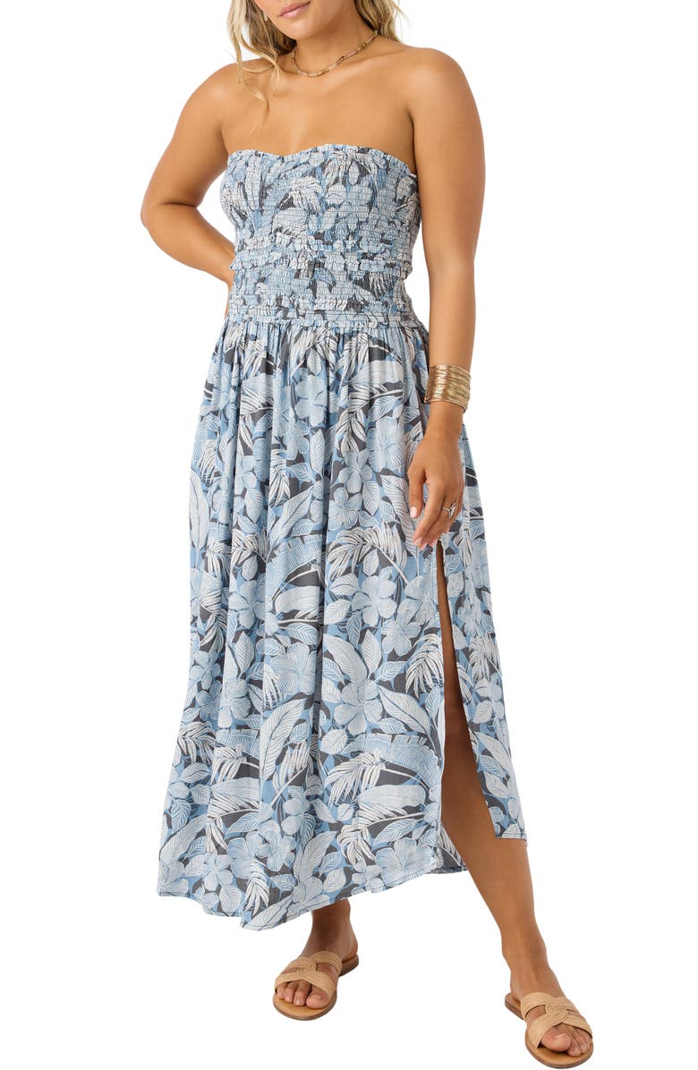 O'Neill Devyn Floral Smocked Strapless Midi Dress, Main, color, 