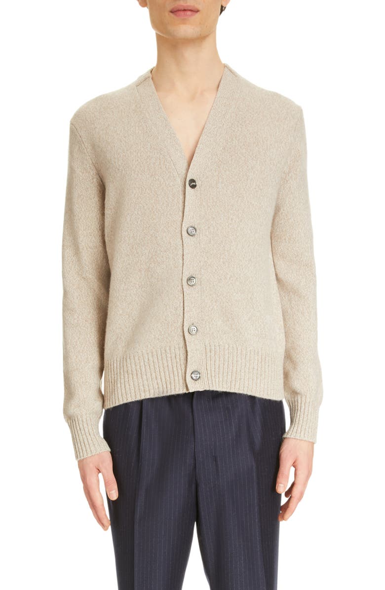 AMI PARIS Ami de Coeur Embroidered Cashmere & Wool V-Neck Cardigan, Main, color, 
