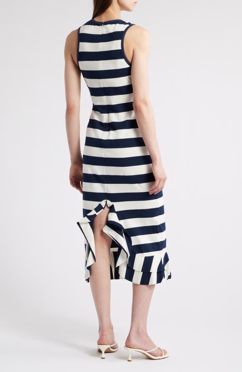 Du Paradis Musa Stripe Ruffle Hem Sleeveless Stretch Cotton Midi Dress In Navy White Stipes